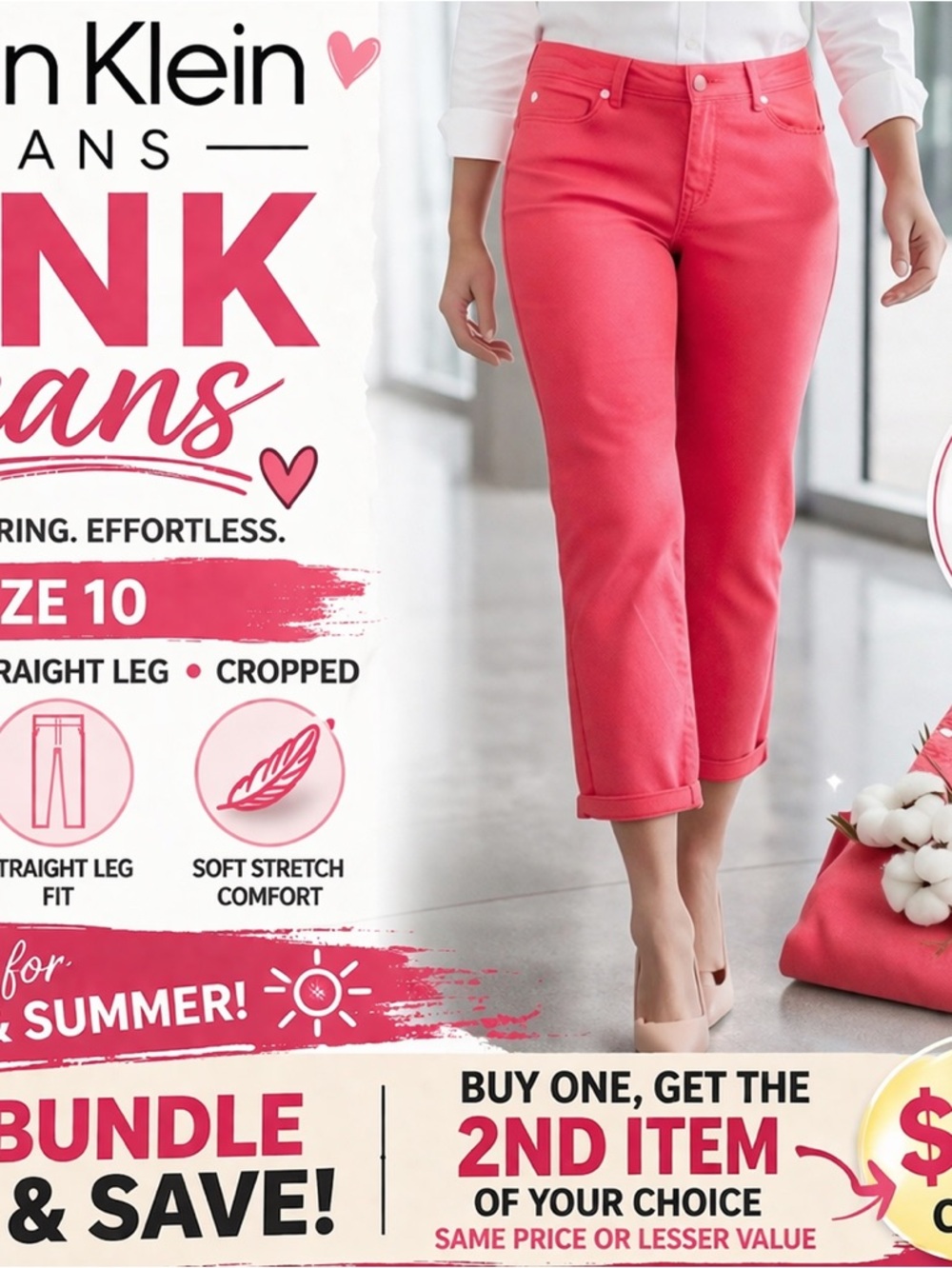 Calvin Klein Coral Cropped Straight-Leg Jeans
